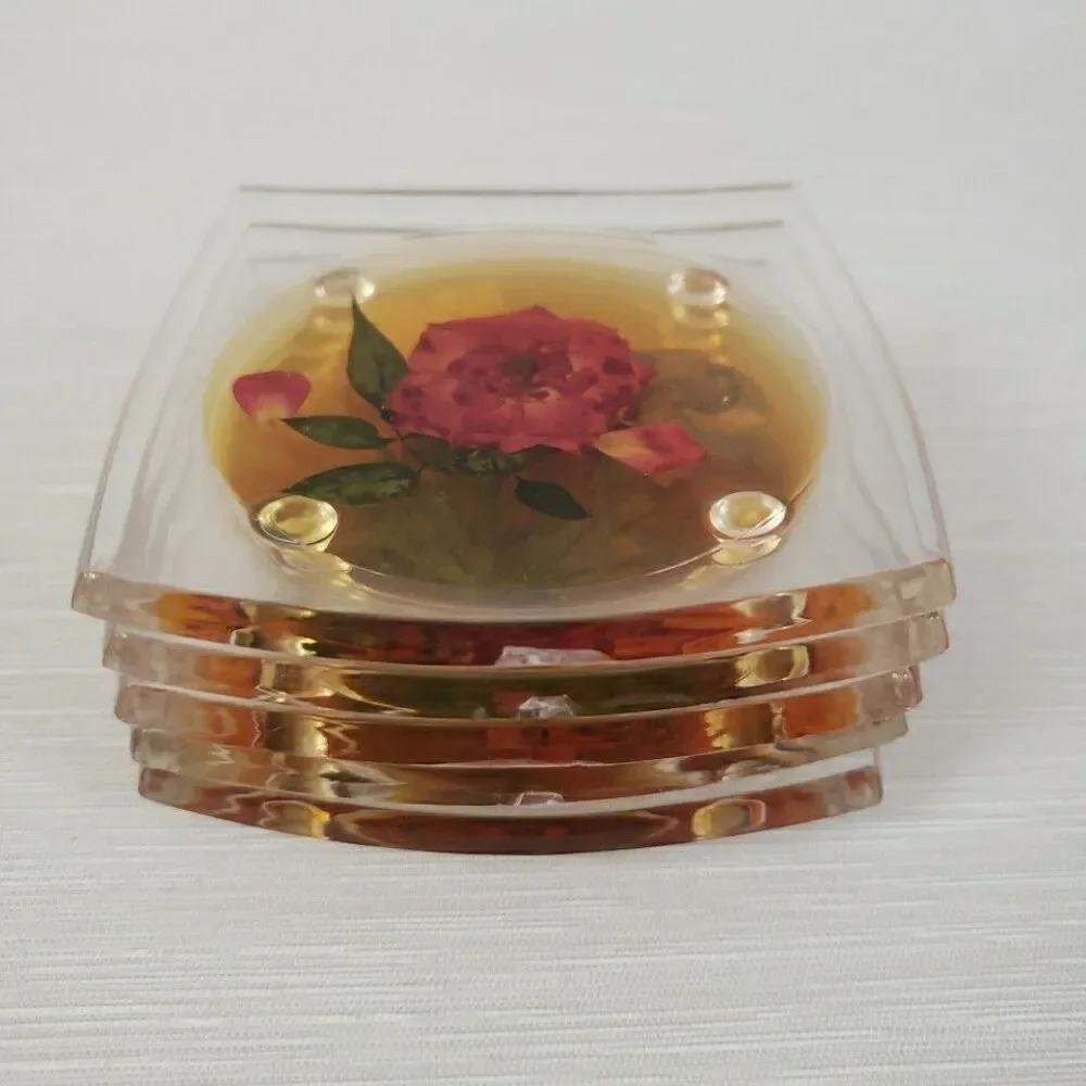 VTG 5 Clear Lucite Acrylic Coasters Pressed Flowers Clover Romantic Cottage MCM